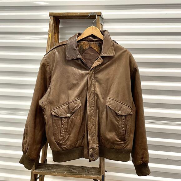 Vintage Roundtree Yorke Brown Genuine Leather Bomber Jacket - Picture 1 of 7